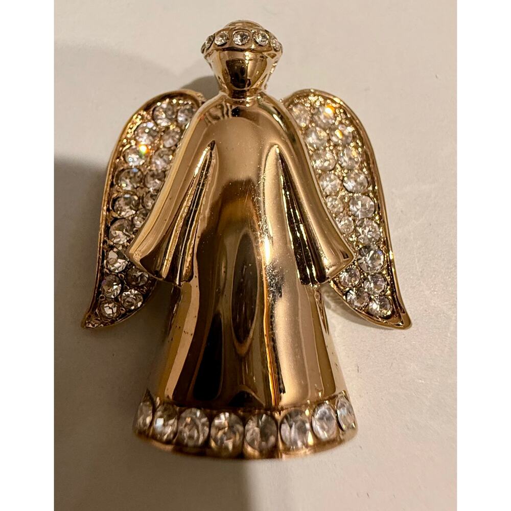 Vintage Signed Monet Gold Tone Rhinestone Angel Brooch With Original Box